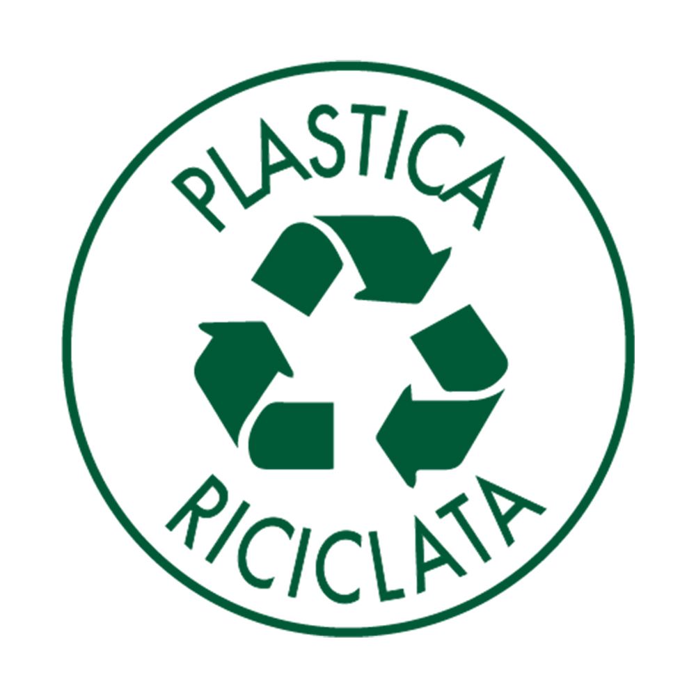 Runder Aufkleber mit grünem Rand. Text: PLASTICA RICICLATA.