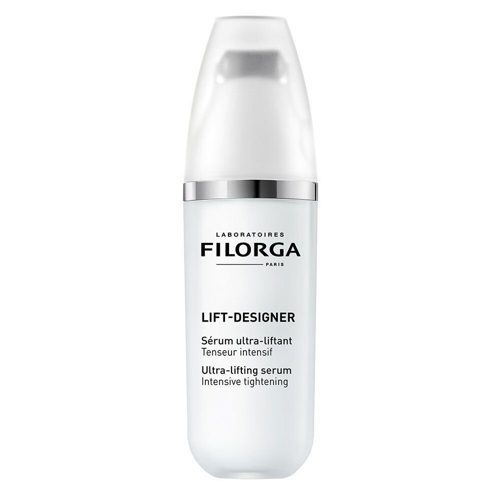 Weißes Serum mit silbernem Ring und Schriftzug. Produktname: FILORGA Lift-Designer. Französische und englische Beschriftung.