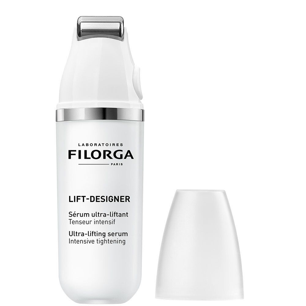 Weißes Serum mit silbernem Ring und Schriftzug. Produktname: FILORGA Lift-Designer. Deckel daneben.