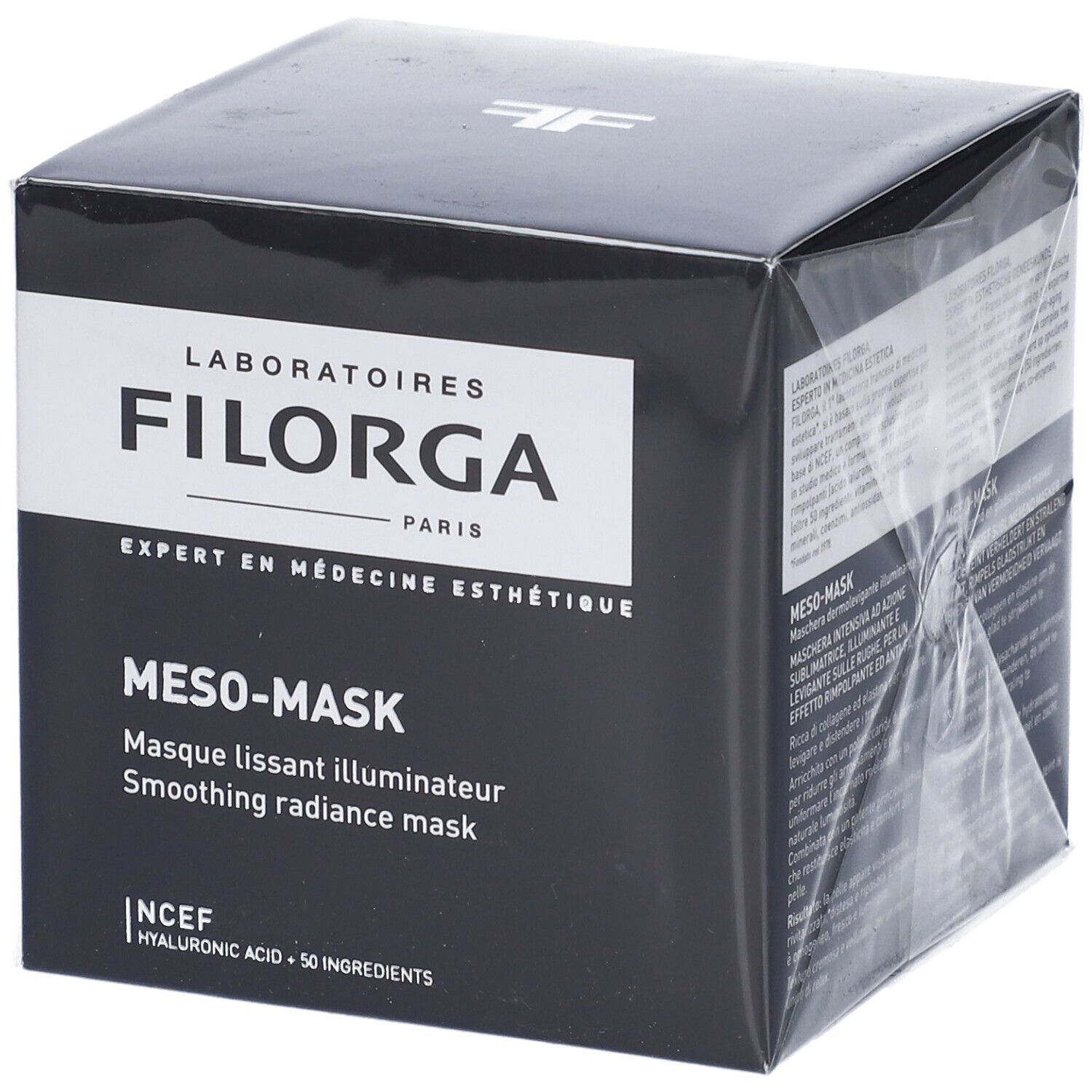 Schwarzer Karton mit FILORGA-Logo und Produktbezeichnung MESO-MASK. Text in Französisch und Englisch. Verpackt in durchsichtiger Folie.