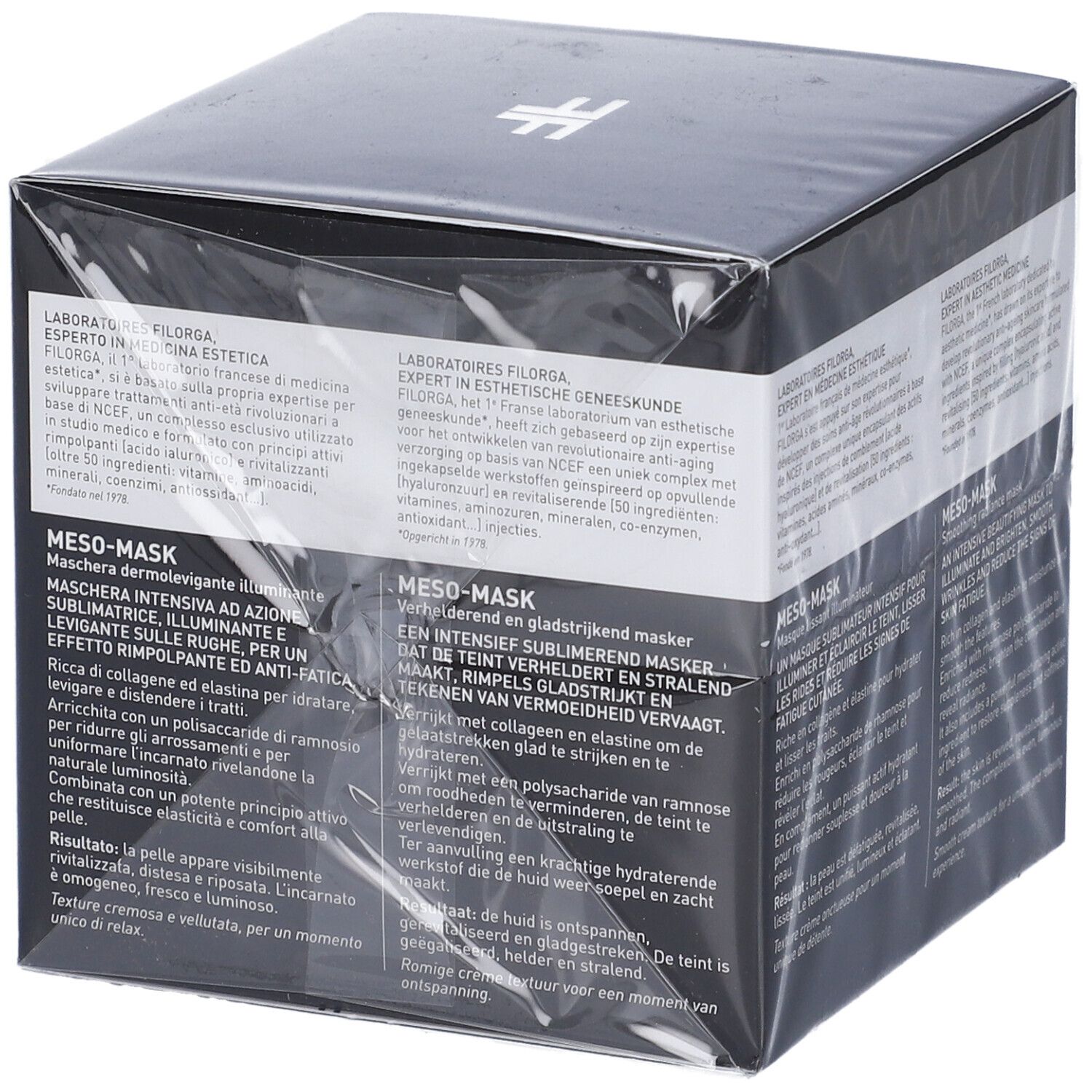 Schwarzer Karton mit FILORGA-Logo und Produktbezeichnung MESO-MASK. Text in Französisch, Englisch, Italienisch und Niederländisch. Verpackt in Folie.
