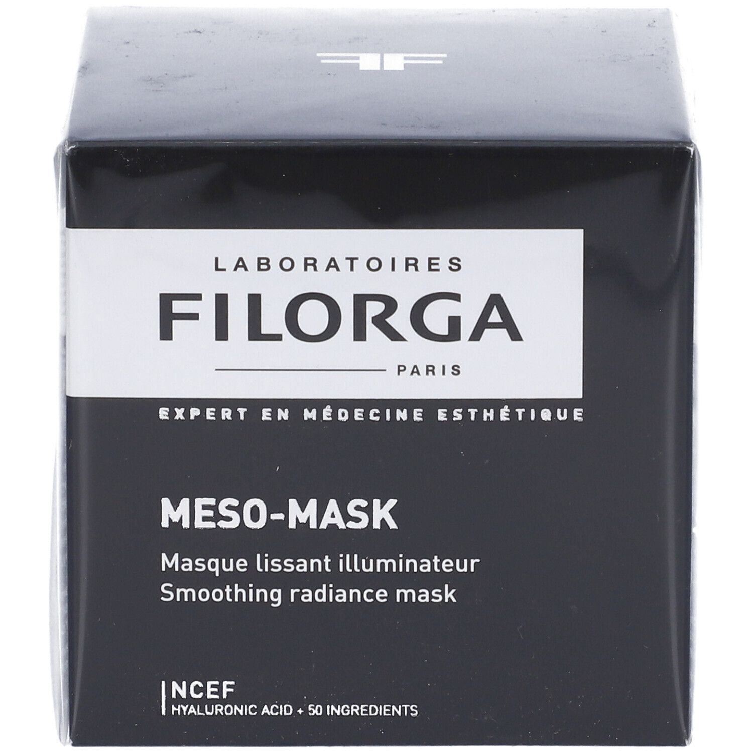 Schwarzer Karton mit FILORGA-Logo und Produktbezeichnung MESO-MASK. Text in Französisch und Englisch. NCEF-Logo und Inhaltsstoffe.
