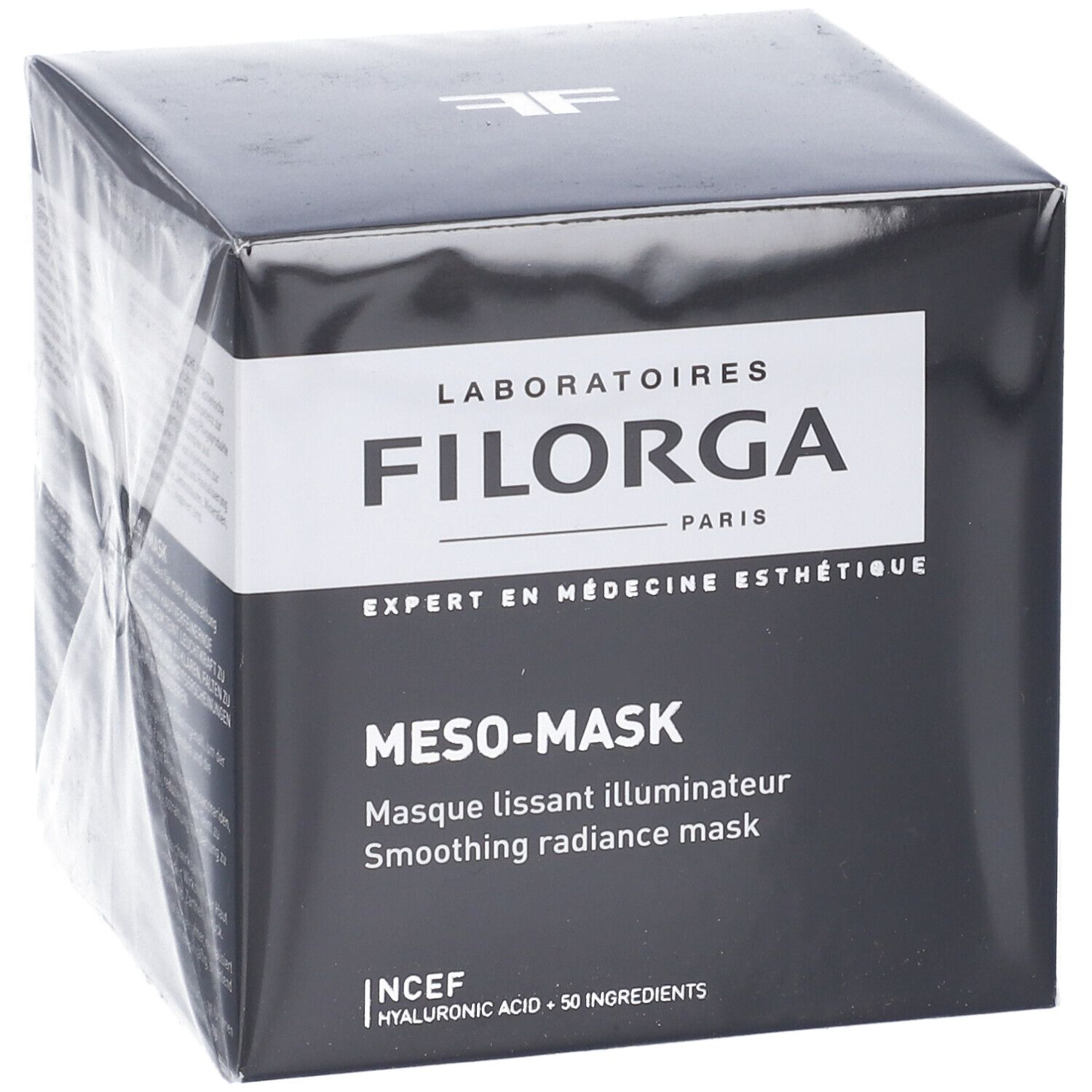 Schwarzer Karton mit FILORGA-Logo und Produktbezeichnung MESO-MASK. Text in Französisch und Englisch. NCEF-Logo und Inhaltsstoffe.