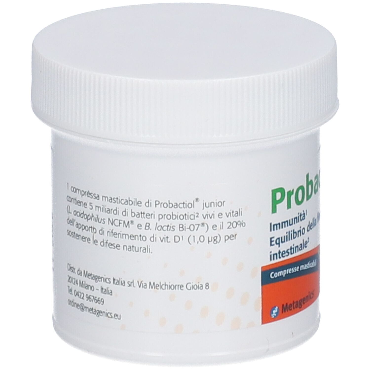 Pot blanc Probactiol junior avec bouchon à vis. Dos avec texte. Texte: 1 comprimé contient 5 milliards de bactéries vivantes.
