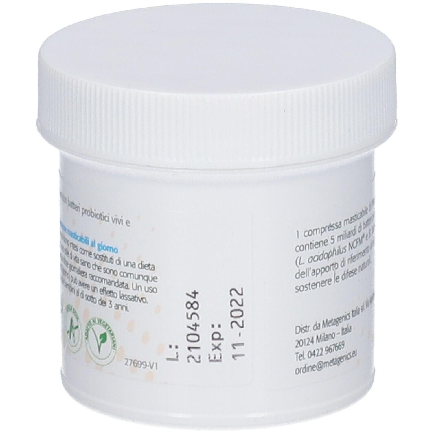 Pot blanc Probactiol junior avec bouchon à vis. Dos avec texte. Texte: A consommer de préférence avant 11-2022. Numéro de lot: 2104584.