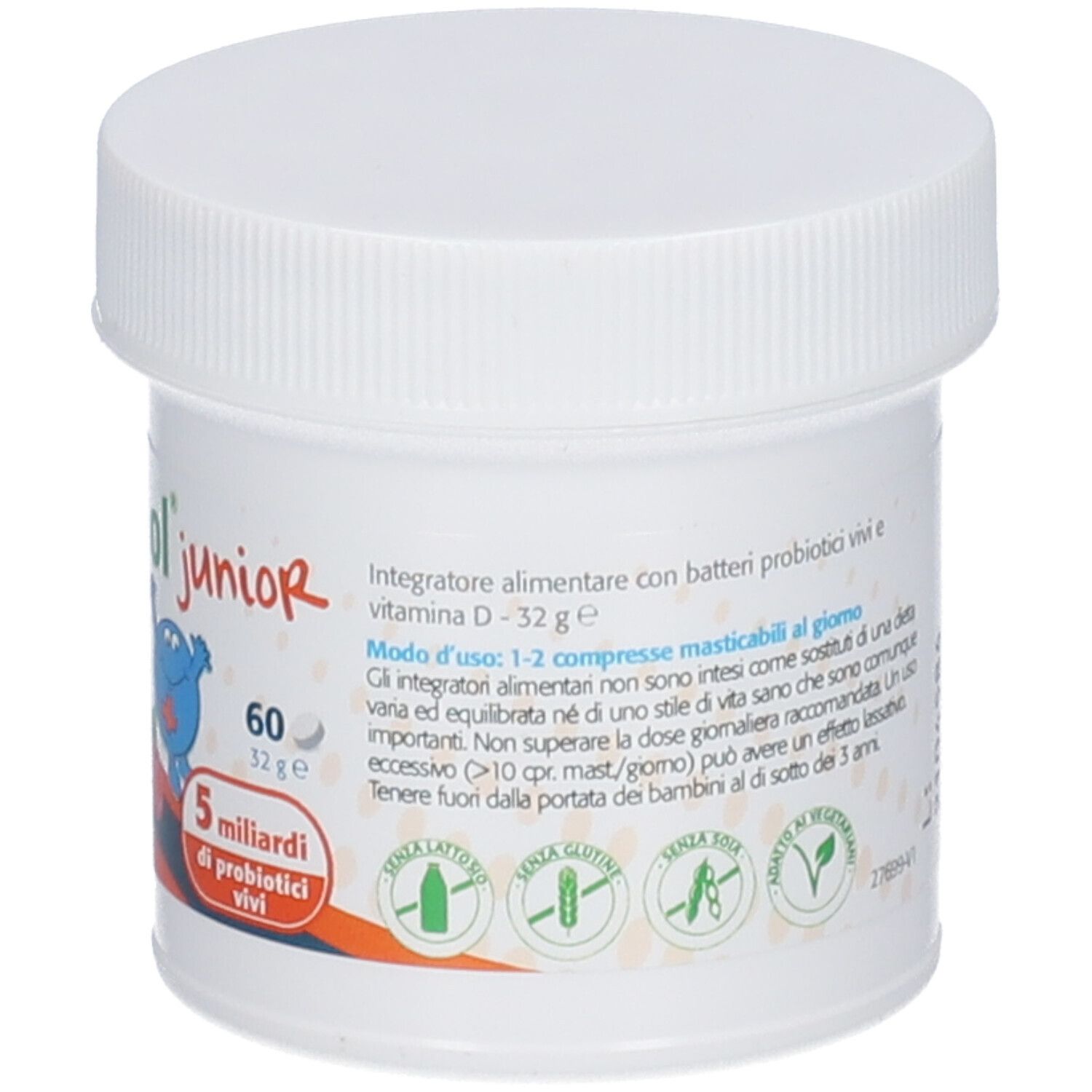 Pot blanc Probactiol junior avec bouchon à vis. Contient 60 comprimés. Texte: 5 milliards de bactéries vivantes. Sans lactose, gluten, soja.