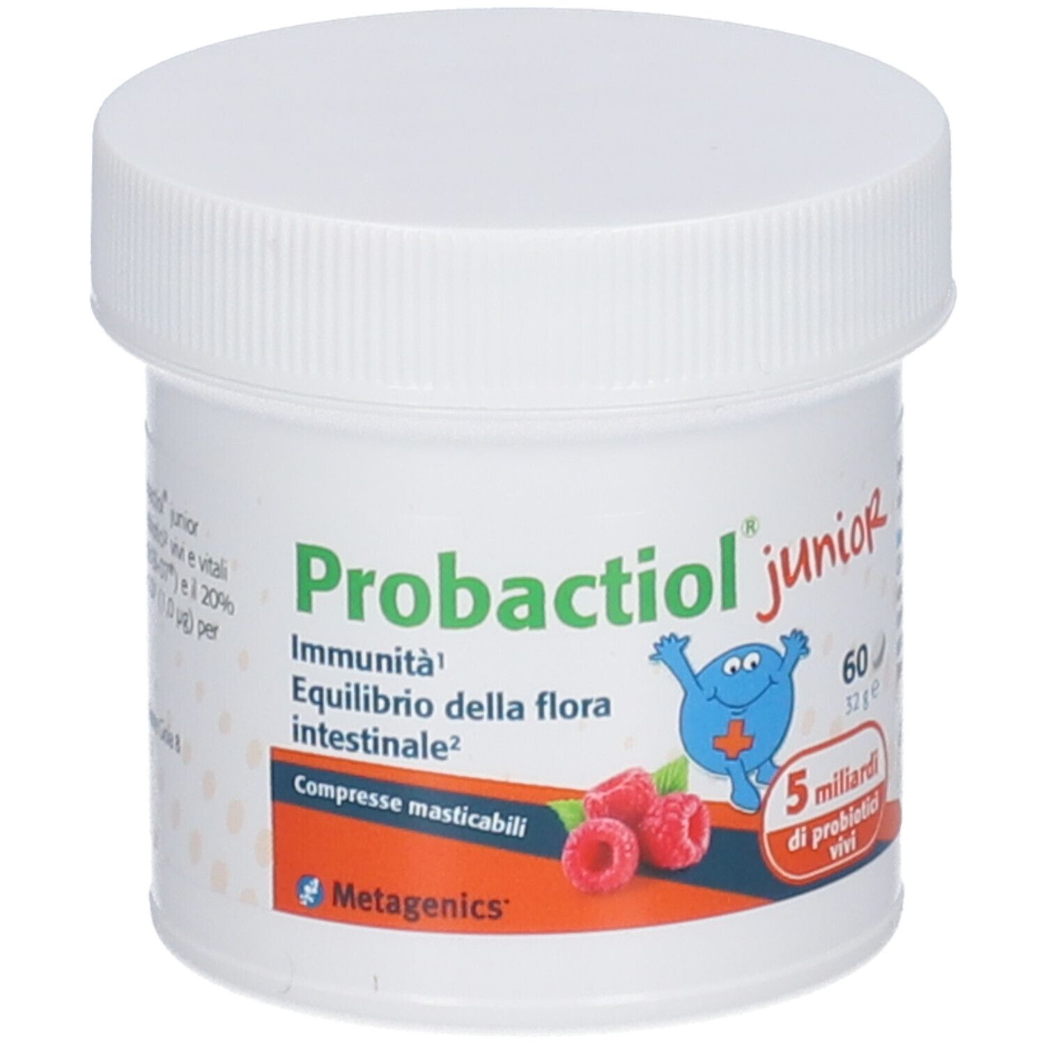 Pot blanc Probactiol junior avec bouchon à vis. Contient 60 comprimés. Image de framboises. Texte: Immunité, équilibre de la flore intestinale.