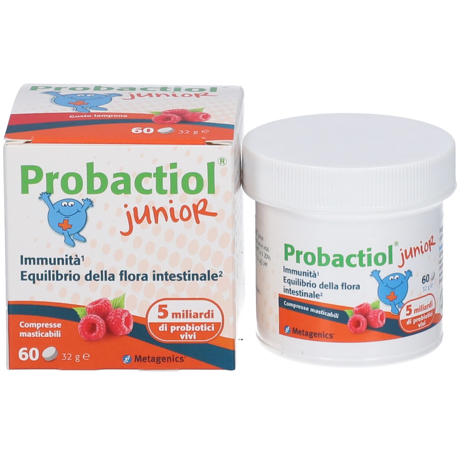 Pot et boîte Probactiol junior. Contient 60 comprimés. Texte: Immunité, équilibre de la flore intestinale. Image de framboises.