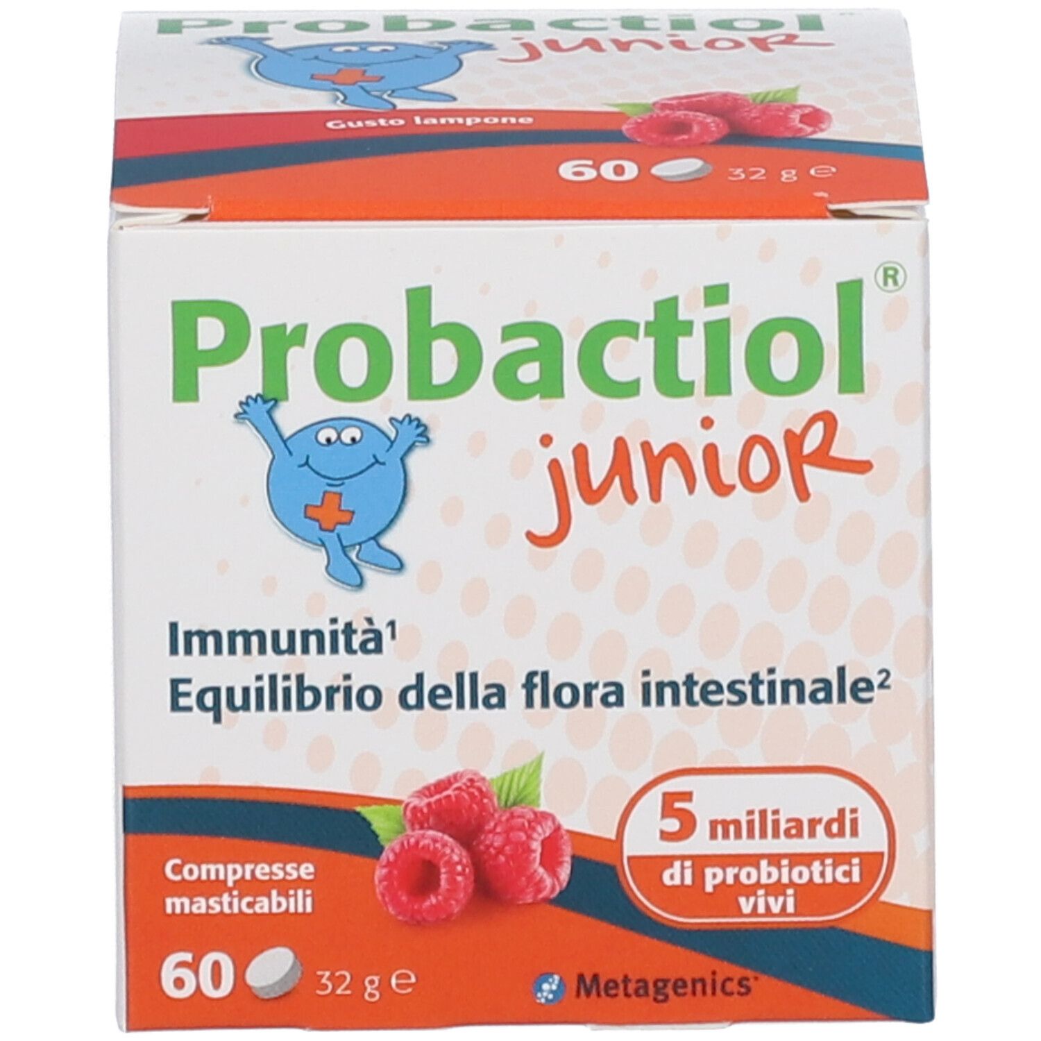 Boîte Probactiol junior. Contient 60 comprimés. Texte: Immunité, équilibre de la flore intestinale. Image de framboises. 5 milliards de bactéries vivantes.