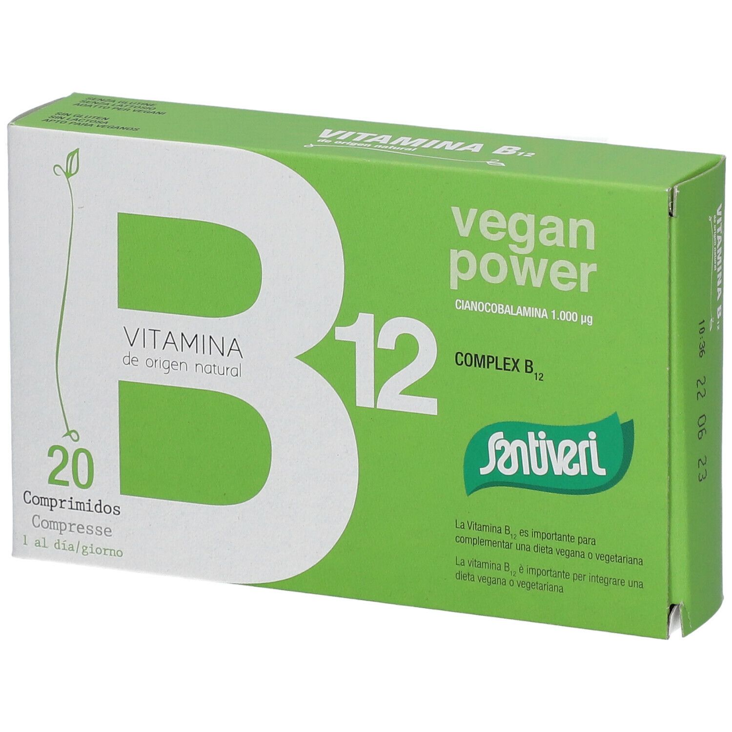 Boîte verte "B12 Vegan Power" et logo Santiveri. Contient 20 comprimés. Inscription : "Vitamina de origen natural".