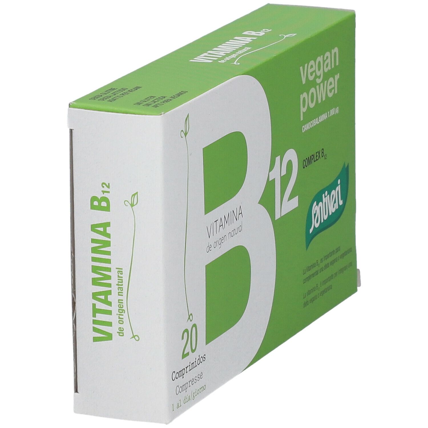 Boîte "B12 Vegan Power" en biais. Couleurs verte et blanche. Logo "Santiveri" visible. 20 comprimés. Texte : "Vitamina de origen natural".