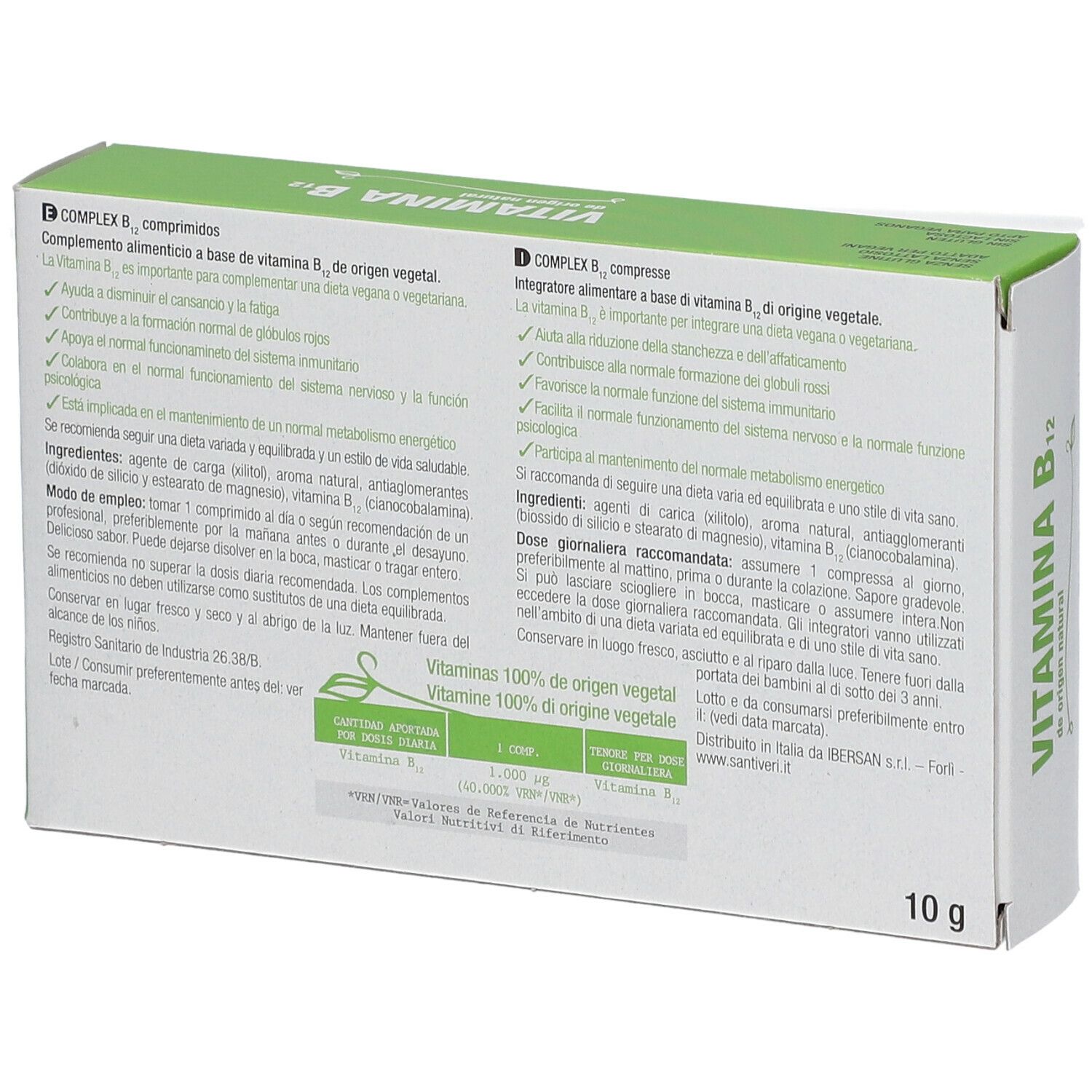 Dos de la boîte "B12 Vegan Power". Texte multilingue. Ingrédients et dosage. Logo "Santiveri". 10g.