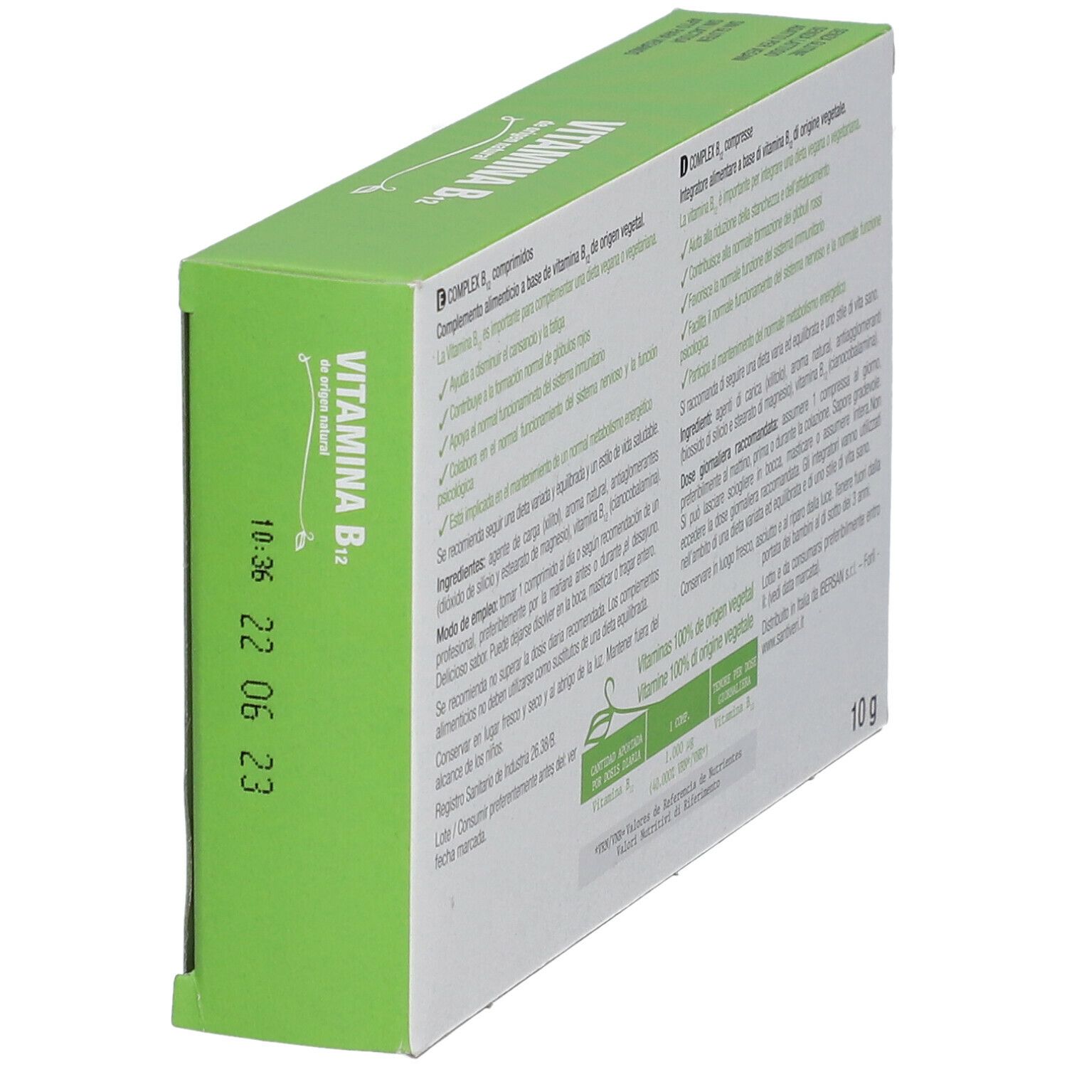 Boîte "B12 Vegan Power" en biais. Dos avec texte. Couleurs verte et blanche. Logo "Santiveri". 10g.