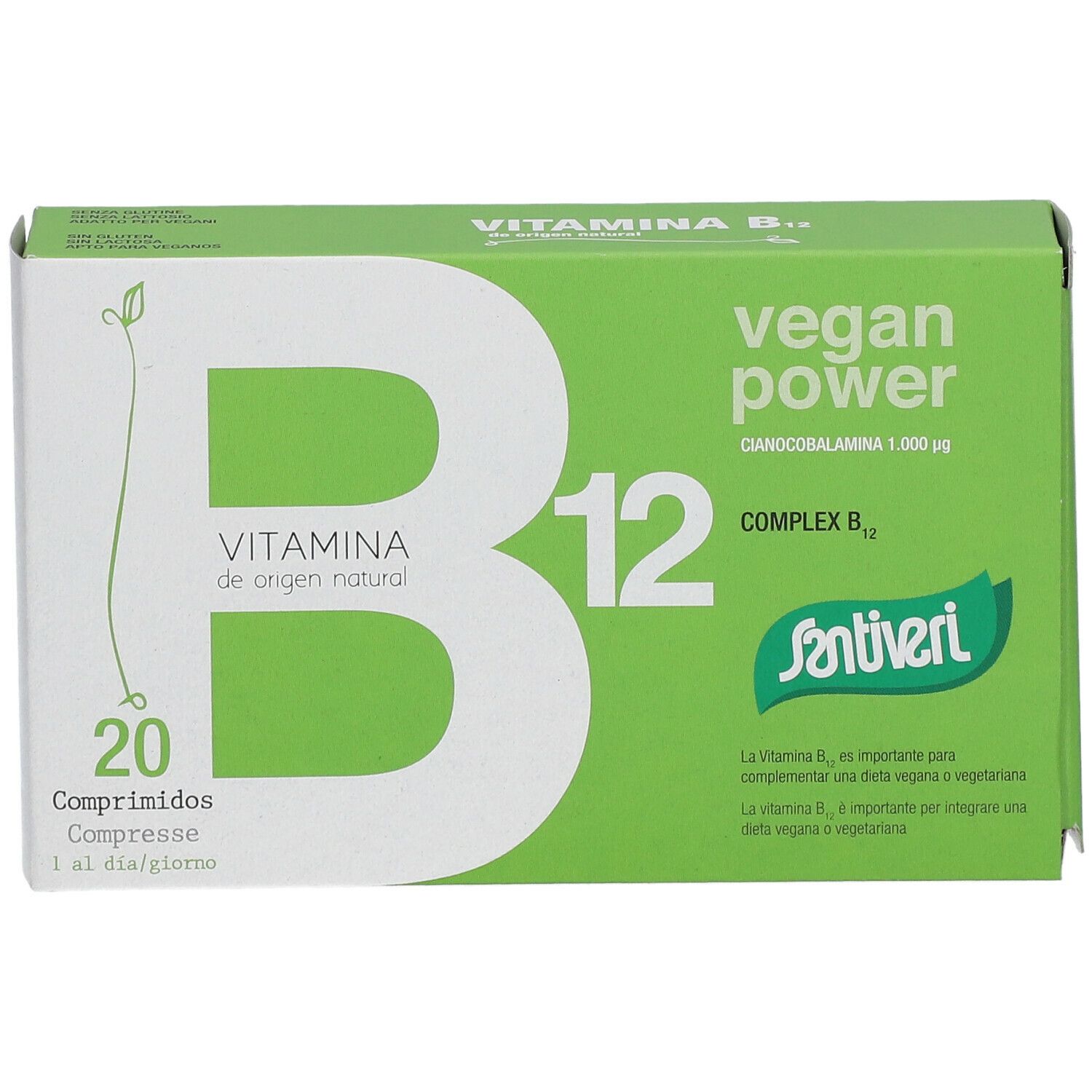Face avant de la boîte "B12 Vegan Power". Fond vert, texte blanc. Logo "Santiveri". 20 comprimés.