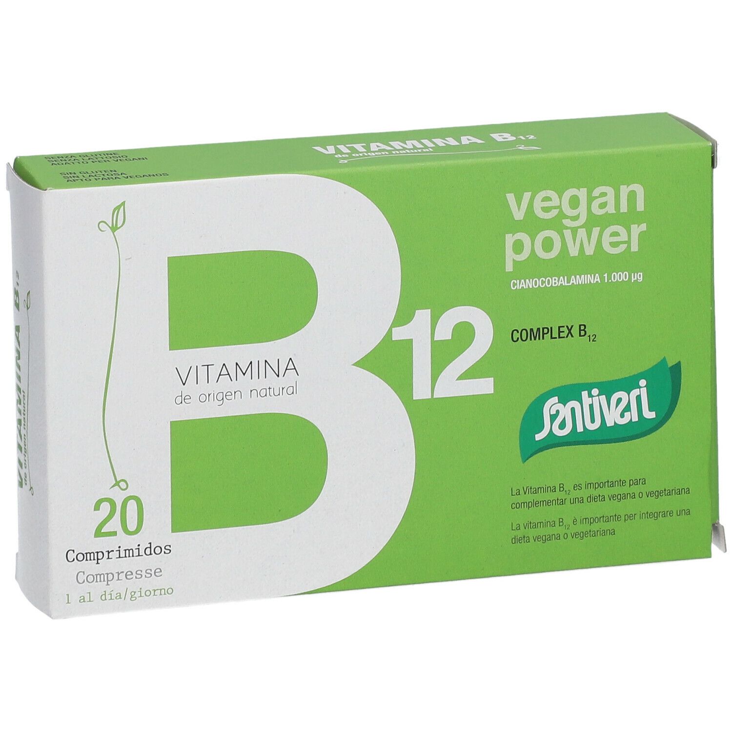 Face avant de la boîte "B12 Vegan Power". Fond vert, texte blanc. Logo "Santiveri". 20 comprimés.