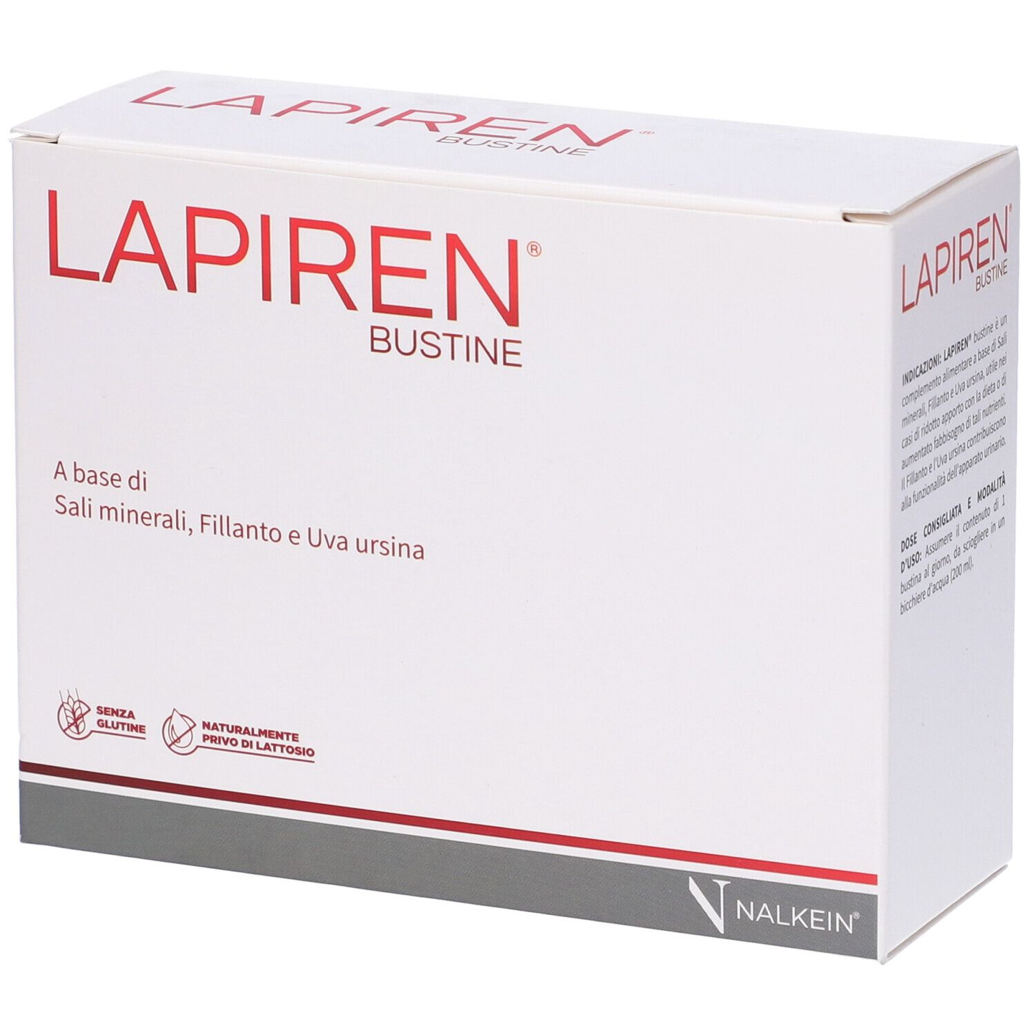 Boîte blanche avec texte rouge LAPIRIN BUSTINE. Contient sels minéraux, Fillanto et Uva ursina. Sans gluten et lactose. Marque NALKEIN.