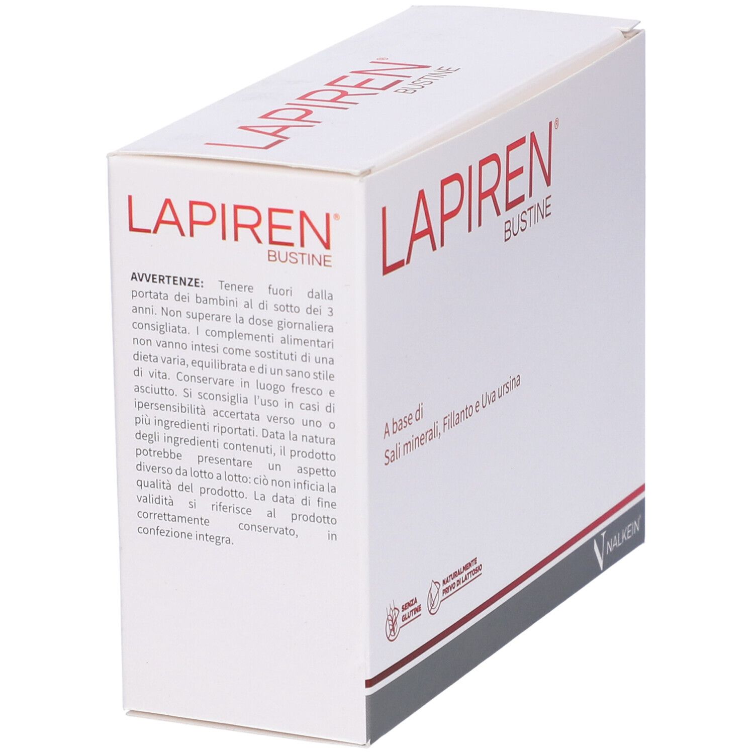 Boîte blanche avec texte rouge LAPIRIN BUSTINE. Contient sels minéraux, Fillanto et Uva ursina. Sans gluten et lactose. Marque NALKEIN.