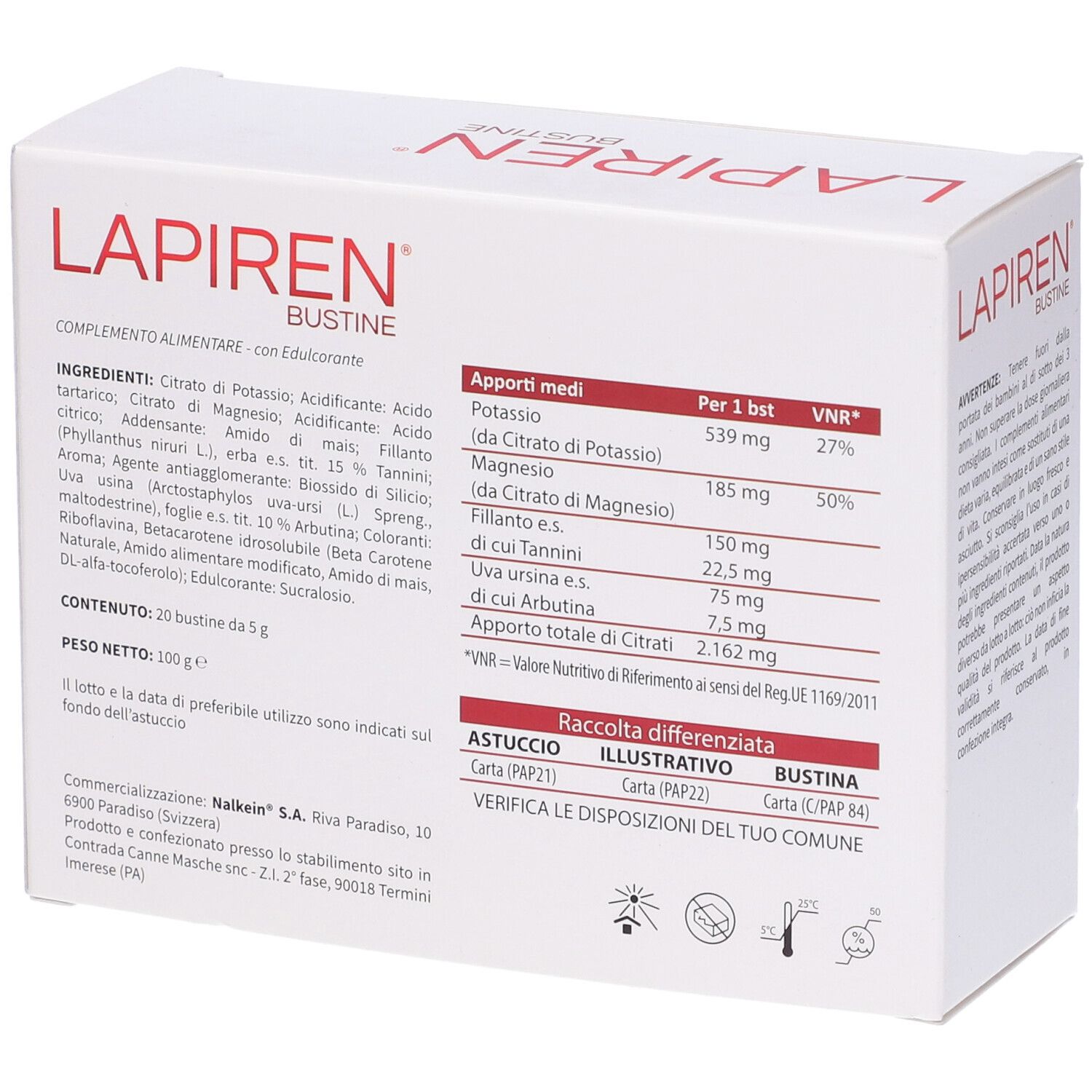 Boîte blanche avec texte rouge LAPIRIN BUSTINE. Contient ingrédients et informations nutritionnelles. Marque NALKEIN. Contient 20 sachets.