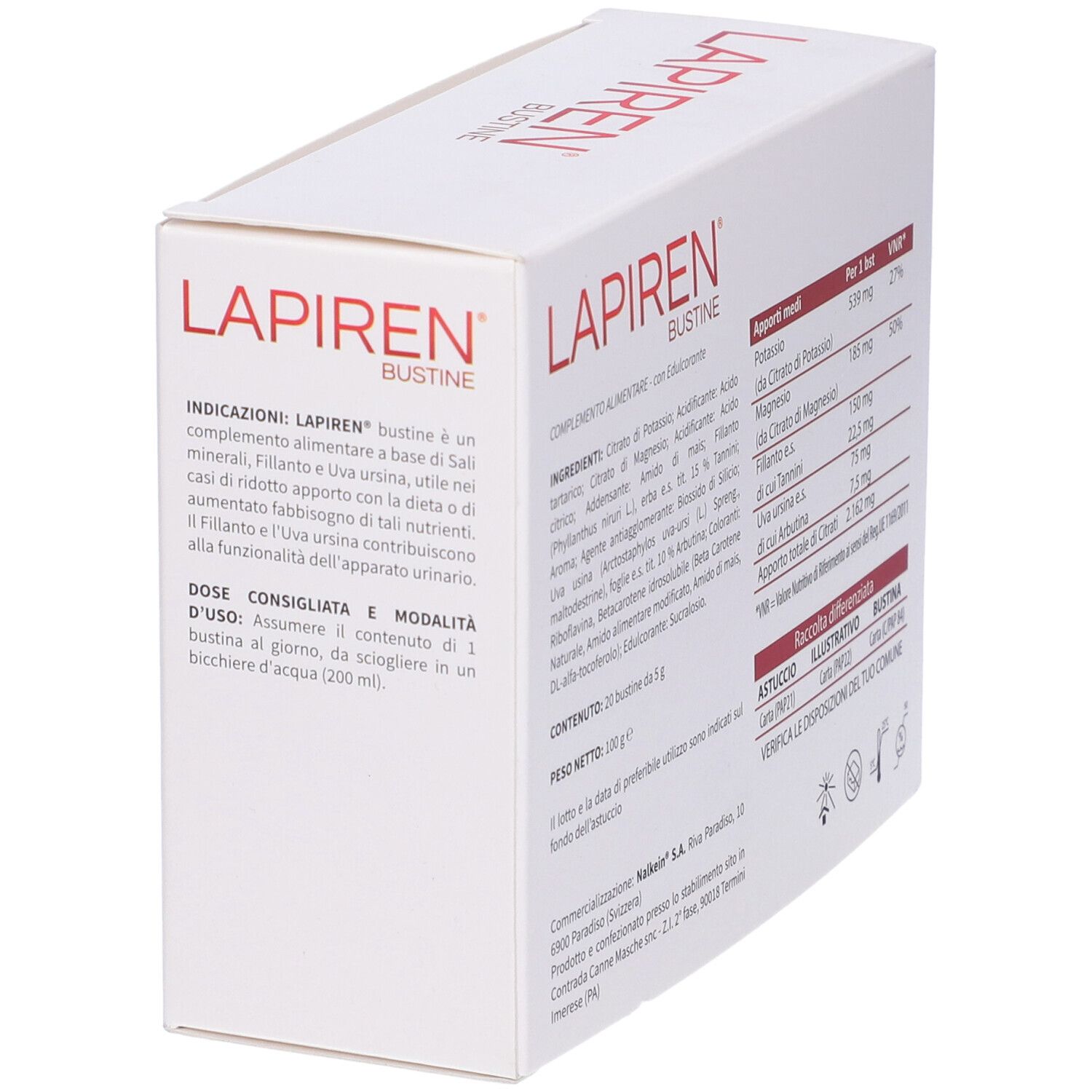 Boîte blanche avec texte rouge LAPIRIN BUSTINE. Contient ingrédients et instructions de dosage. Marque NALKEIN.