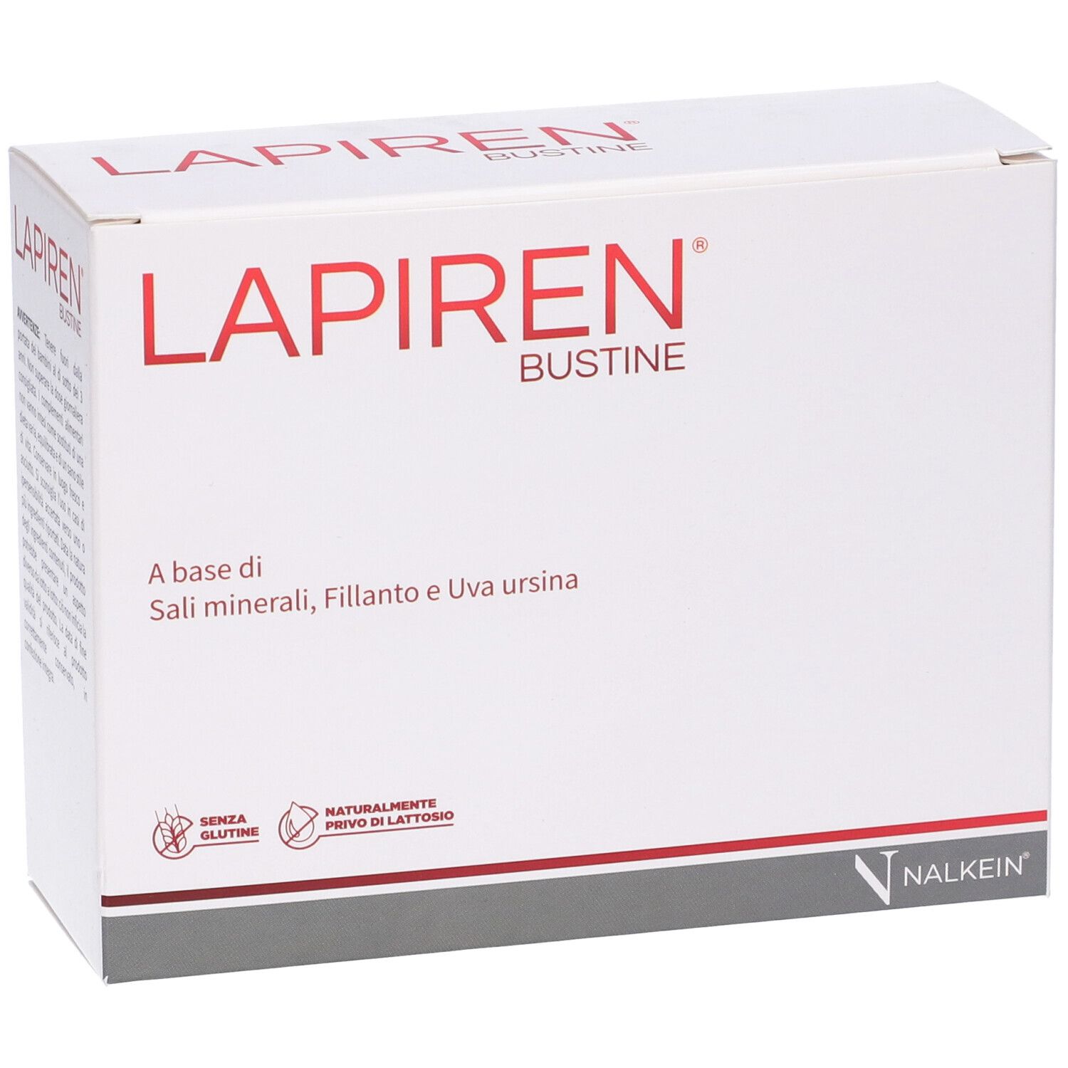Boîte blanche avec texte rouge LAPIRIN BUSTINE. Contient sels minéraux, Fillanto et Uva ursina. Sans gluten et lactose. Marque NALKEIN.
