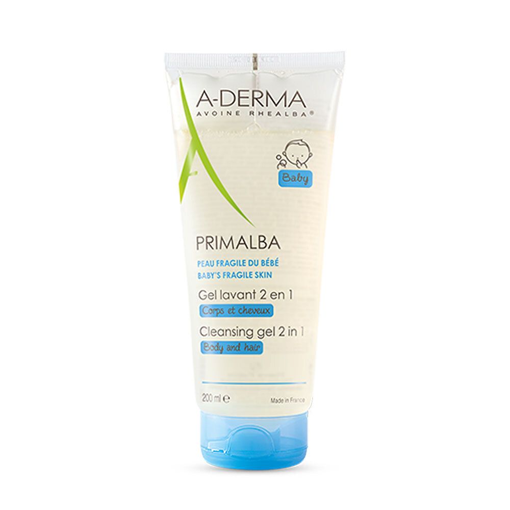 Tube de gel lavant A-DERMA Primalba. Bouchon bleu. Texte: Baby, Gel lavant 2 en 1, Corps et cheveux. Marque et nom du produit visibles.