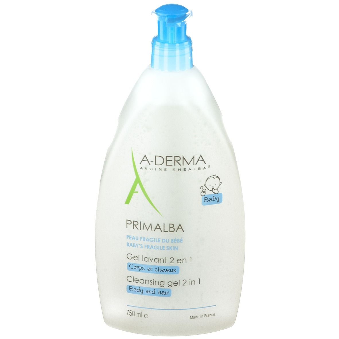 Flacon de gel nettoyant A-Derma Primalba avec pompe bleue. Texte: 'Peau fragile du bébé'.