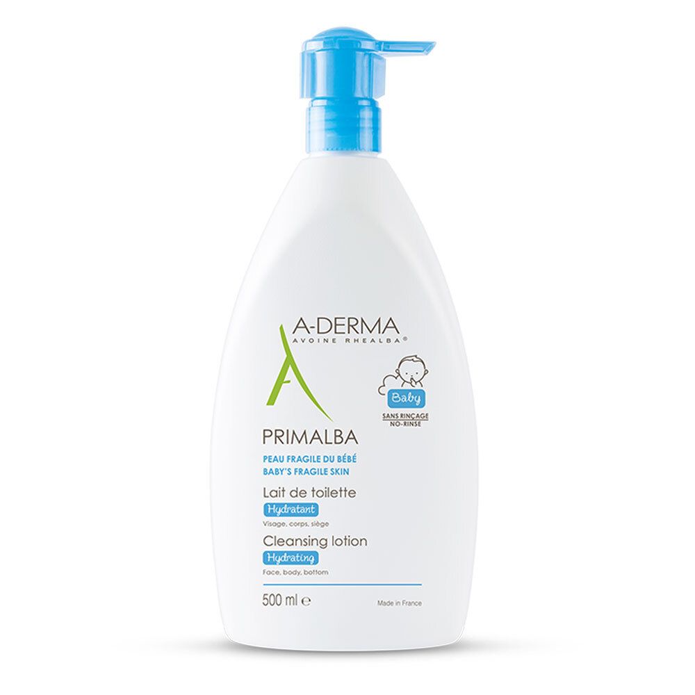 Weiße Flasche mit blauem Pumpkopf. Aufschrift: A-DERMA, PRIMALBA, Baby. Produktbezeichnung: Lait de toilette, Cleansing lotion, Hydratant.