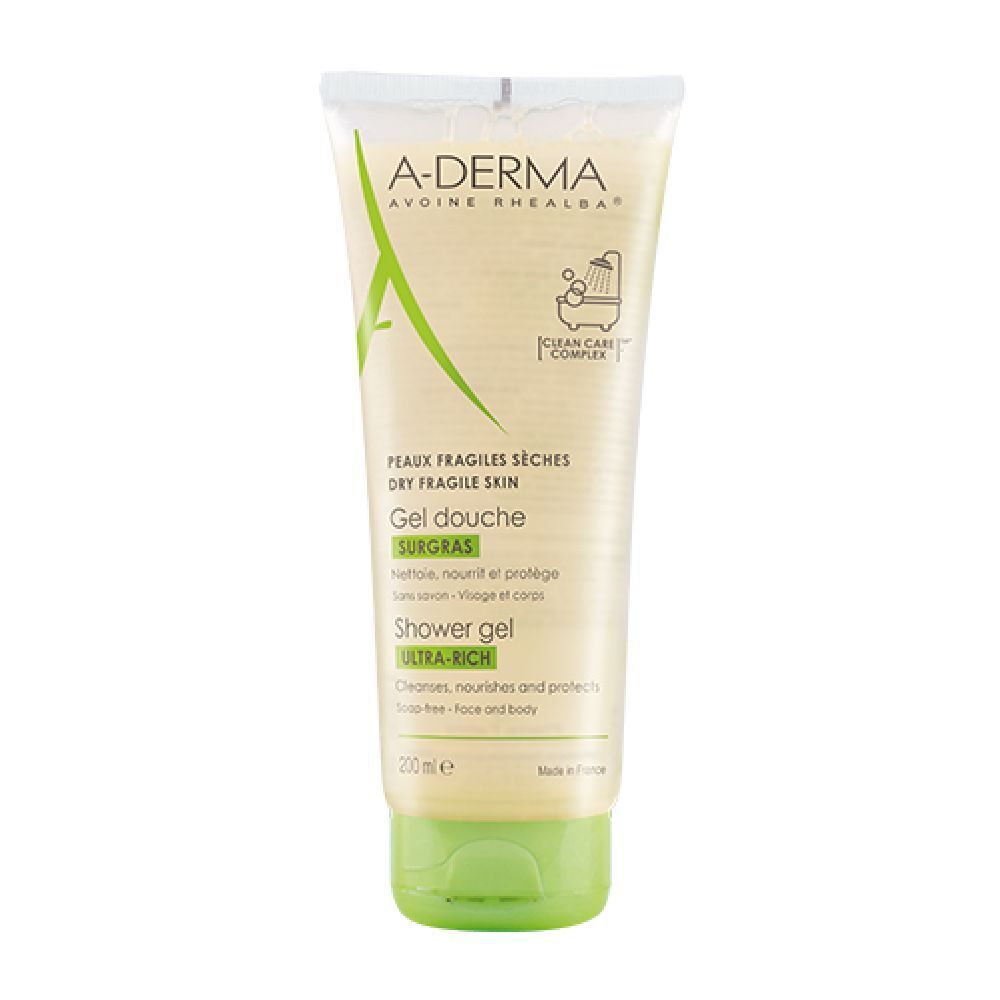A-Derma Surgras gel douche. Tube avec bouchon vert. Texte: Peaux fragiles sèches, Gel douche Surgras, Shower gel Ultra-Rich. 200 ml.