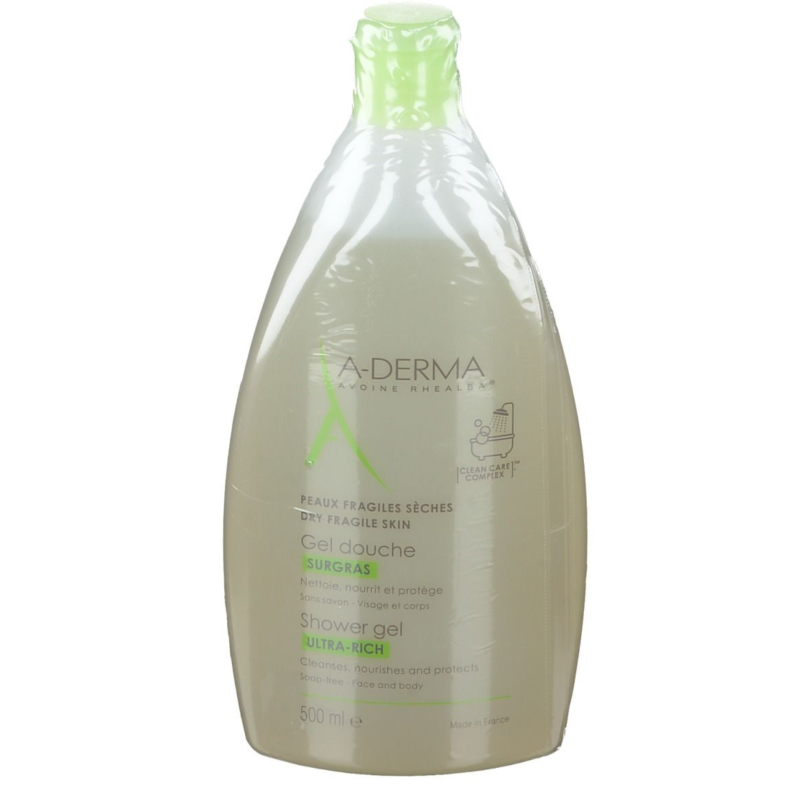 Flacon de gel douche A-Derma Surgras. Bouchon vert. Texte: Gel Douche Surgras, Ultra-Rich, 500 ml.