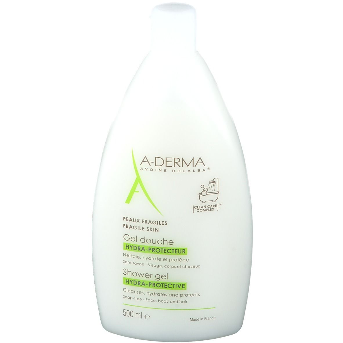 Weißliche Flasche A-Derma Hydra-Schutz-Duschgel. Grüner Aufdruck: Hydra-Protective, für empfindliche Haut. 500 ml.
