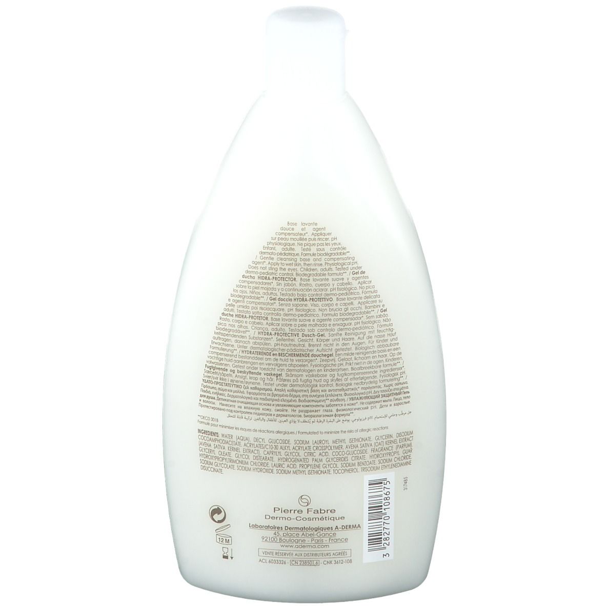 Rückseite der A-Derma Hydra-Schutz-Duschgel-Flasche. Text mit Inhaltsstoffen und Herstellerinformationen.