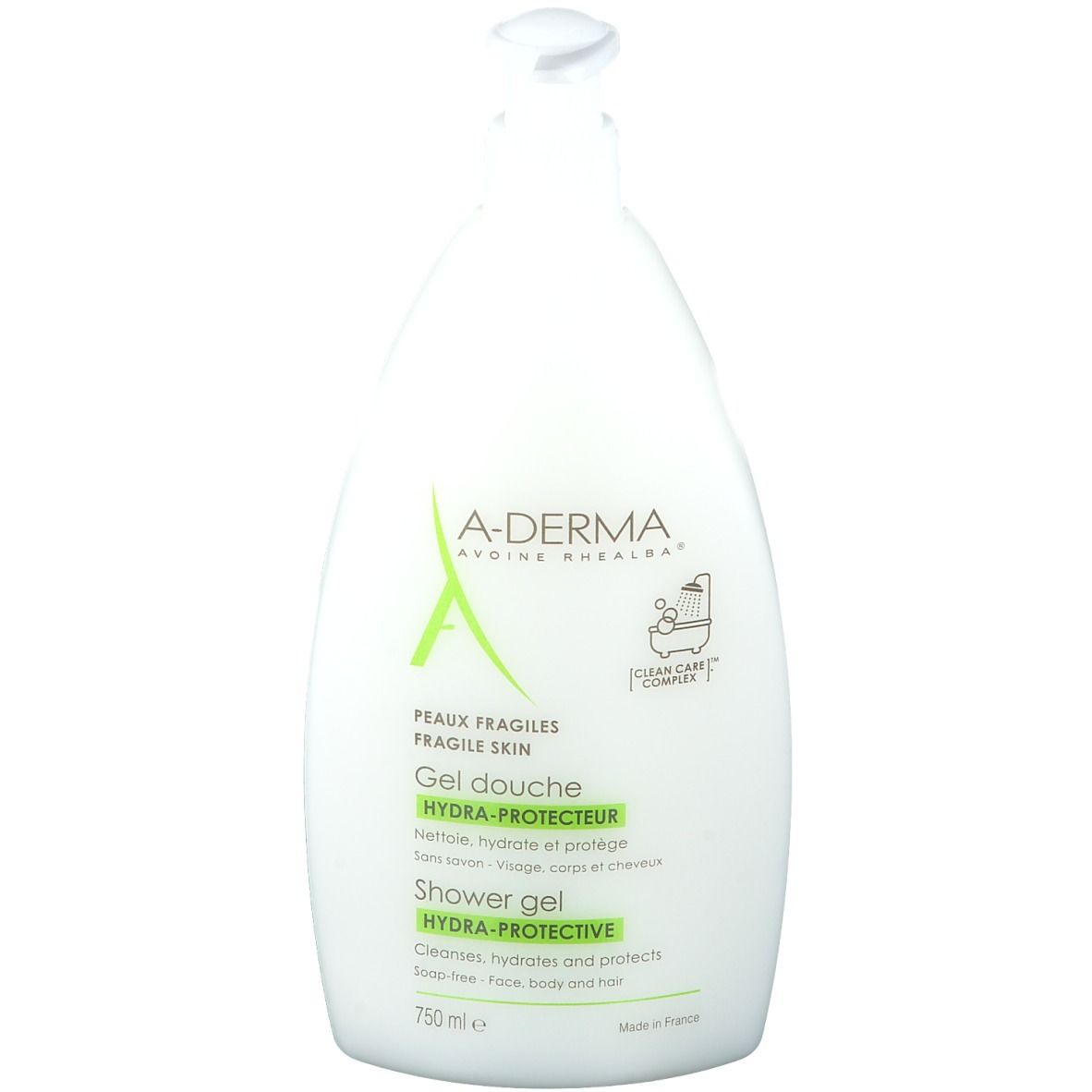 Gel douche A-Derma Hydra-Protective. Flacon blanc avec étiquette verte. Texte: Peaux fragiles, Hydra-Protective.