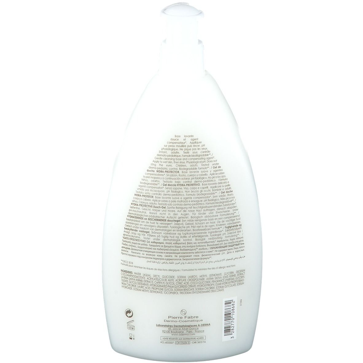 Dos du flacon de gel douche A-Derma Hydra-Protective. Texte multilingue, dont français et allemand.