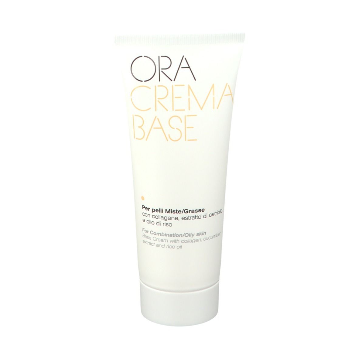 Boîte ORA CREMA BASE. Côté avec logo et texte. Blanc avec accent jaune. Texte : ORA, CREMA, BASE.