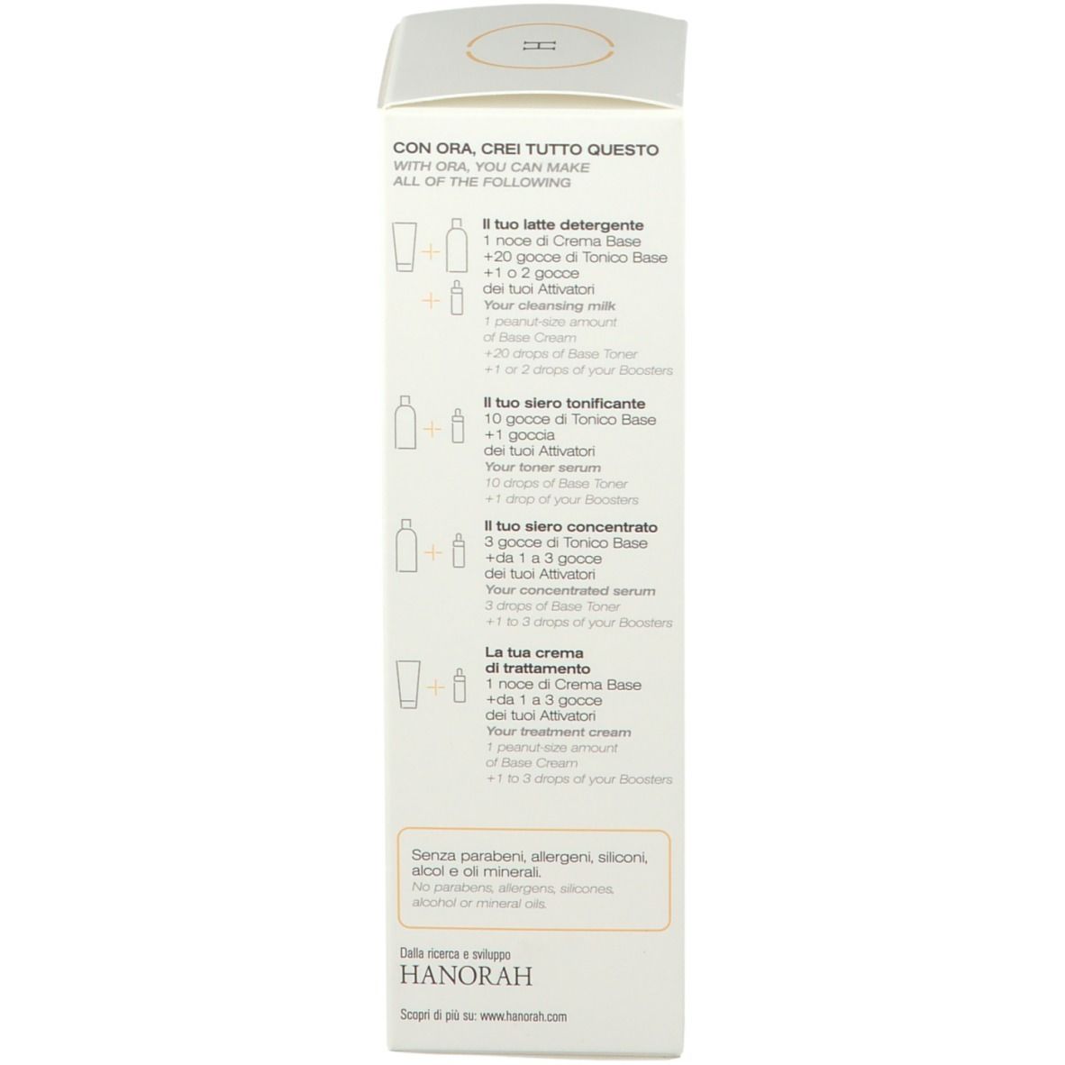 Boîte ORA CREMA BASE. Côté avec texte. Texte : Instructions d'utilisation, ingrédients, informations fabricant, volume 100 ml.