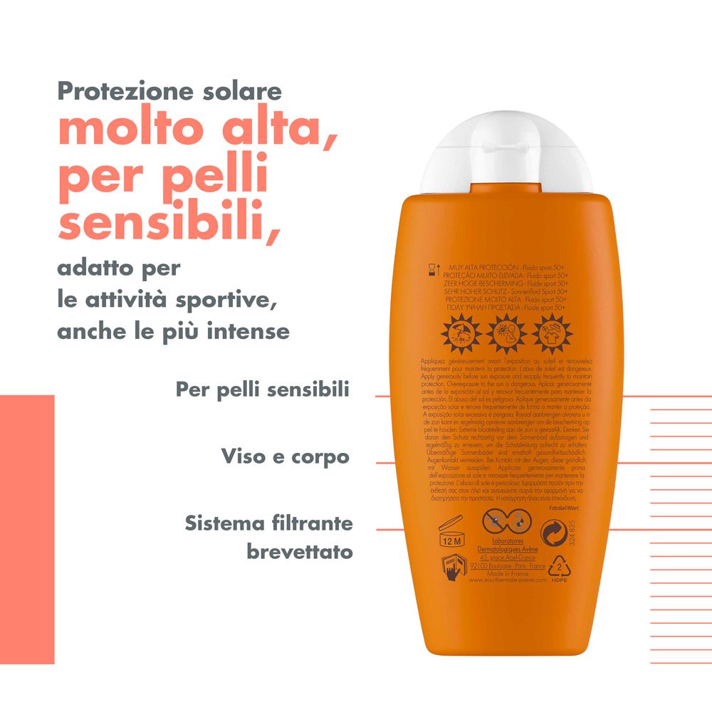 Dos du flacon orange Avène Sport Fluid. Texte en italien. Pour peaux sensibles.