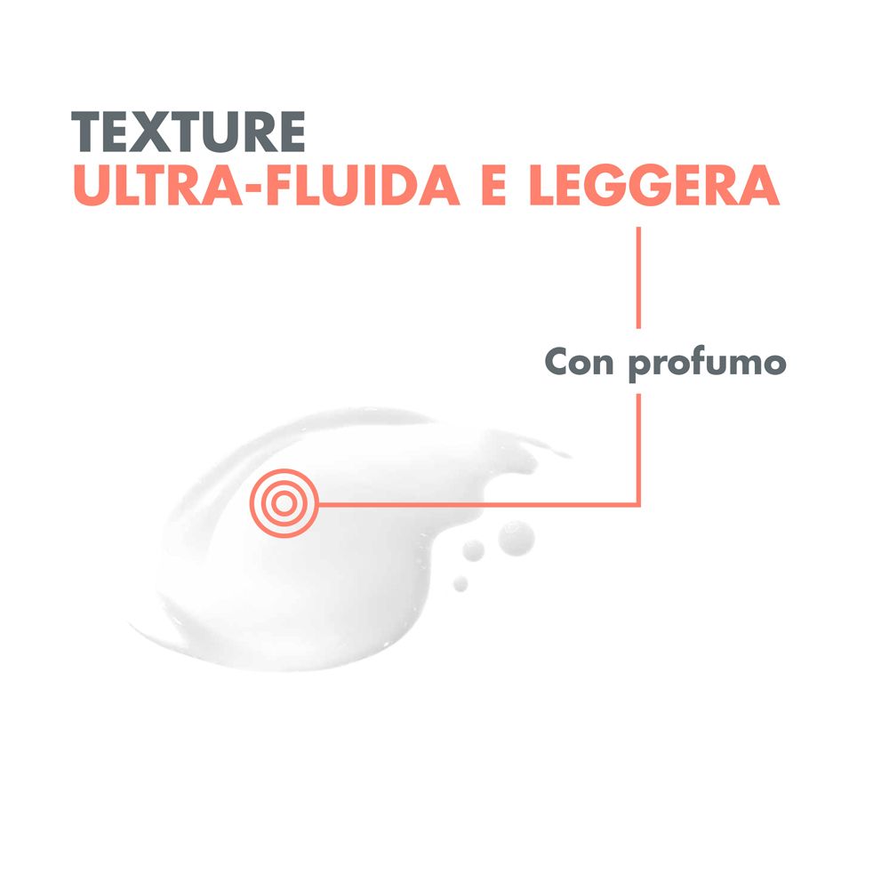Gros plan d'une crème blanche. Texte en italien. Ultra-fluide et légère. Parfumée.