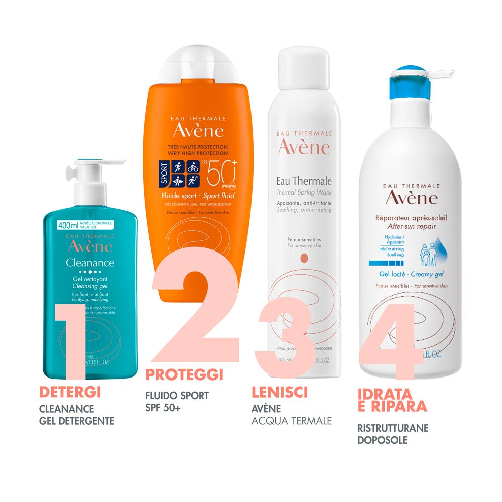 Dos du flacon orange Avène Sport Fluid. Texte en allemand. Pour peaux sensibles.