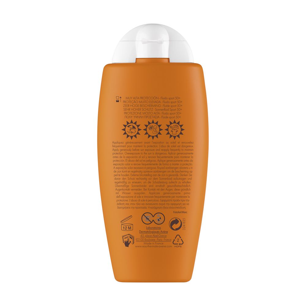 Flacon orange Avène Sport Fluid. SPF 50+. Bouchon blanc. Texte en allemand et français.