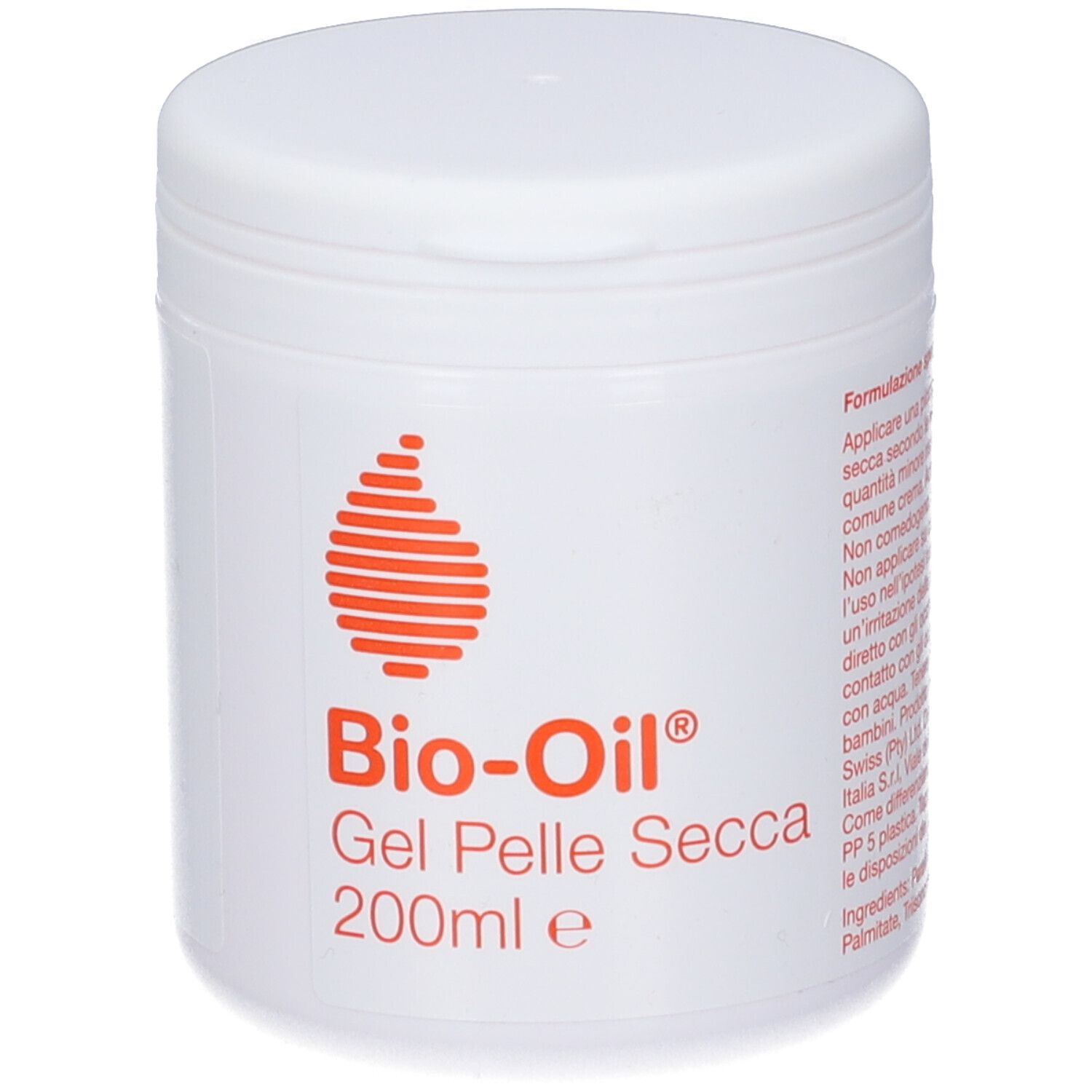 Pot blanc avec couvercle. Logo orange et texte Bio-Oil Gel Pelle Secca. 200ml.