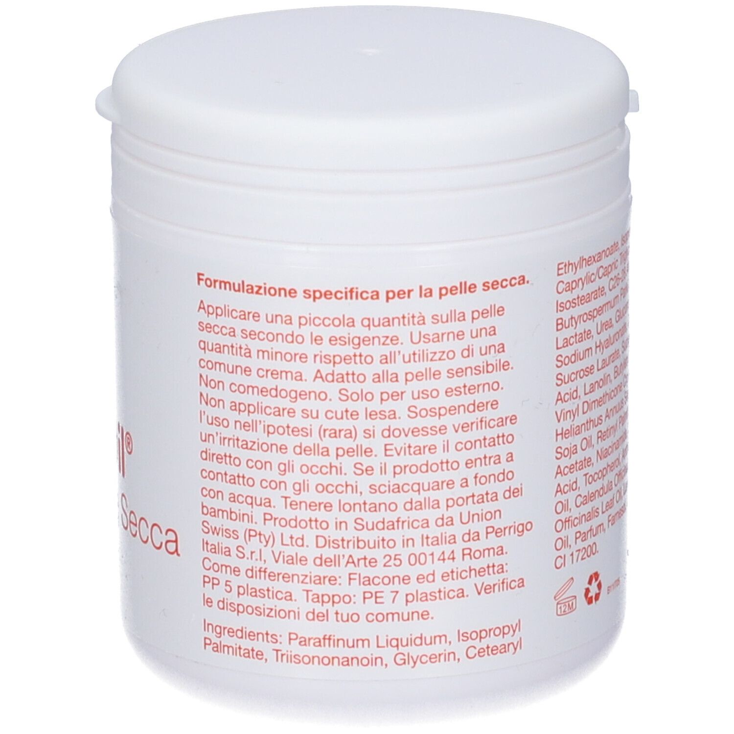 Pot blanc avec couvercle. Texte en rouge, y compris les ingrédients.