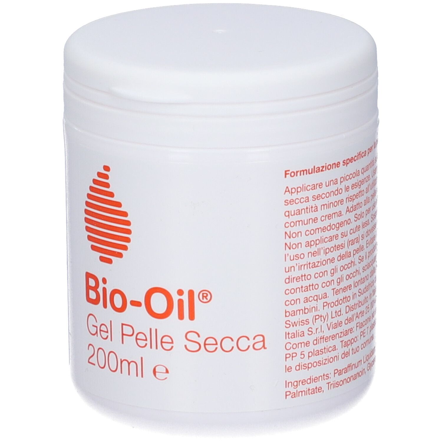 Pot blanc avec couvercle. Logo orange et texte Bio-Oil Gel Pelle Secca. 200ml.
