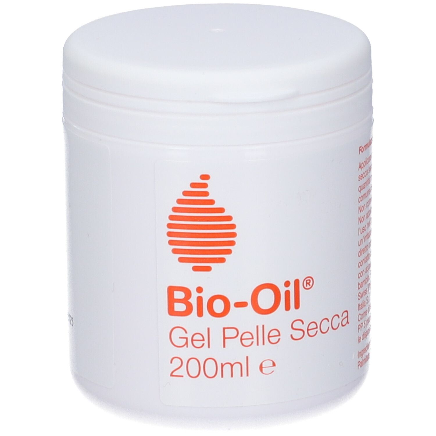 Pot blanc avec couvercle. Logo orange et texte Bio-Oil Gel Pelle Secca. 200ml.