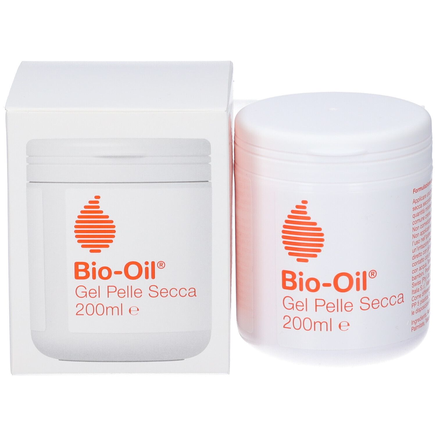 Pot blanc avec couvercle et emballage. Logo orange et texte Bio-Oil Gel Pelle Secca. 200ml.