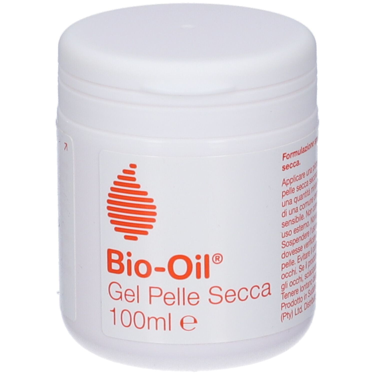 Pot blanc avec couvercle. Étiquette avec logo rouge et texte: Bio-Oil Gel Pelle Secca 100ml.