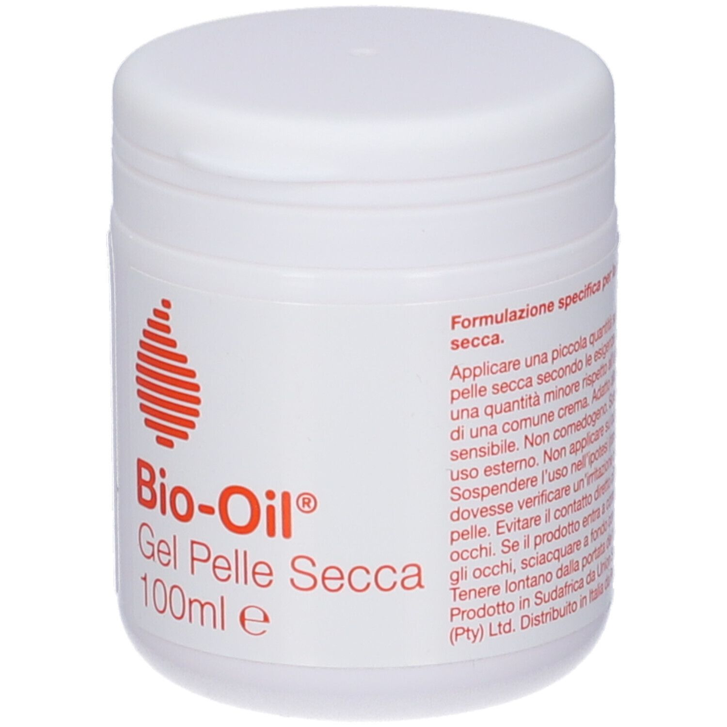Pot blanc avec couvercle. Étiquette avec logo rouge et texte: Bio-Oil Gel Pelle Secca 100ml.