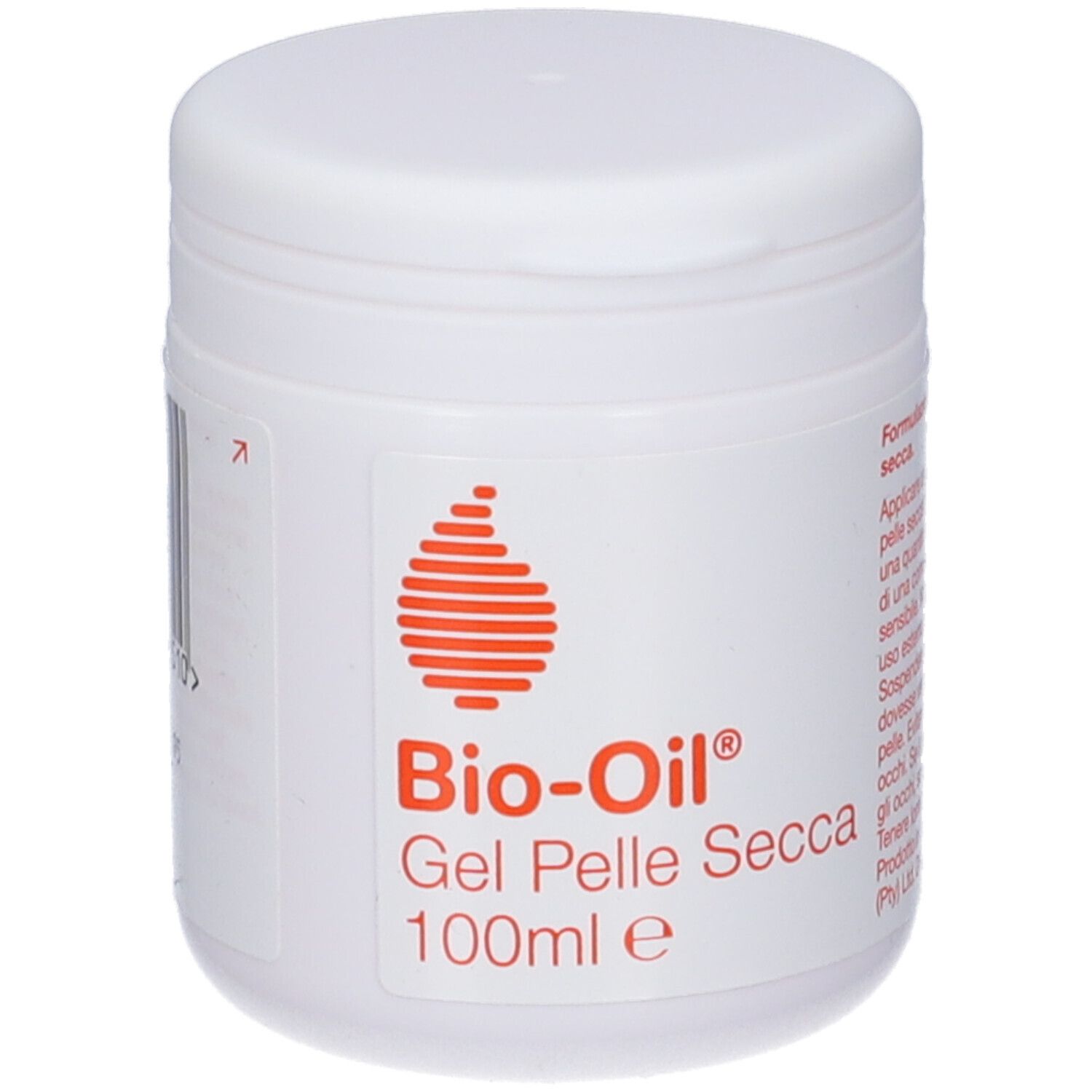 Pot blanc avec couvercle. Étiquette avec logo rouge et texte: Bio-Oil Gel Pelle Secca 100ml.