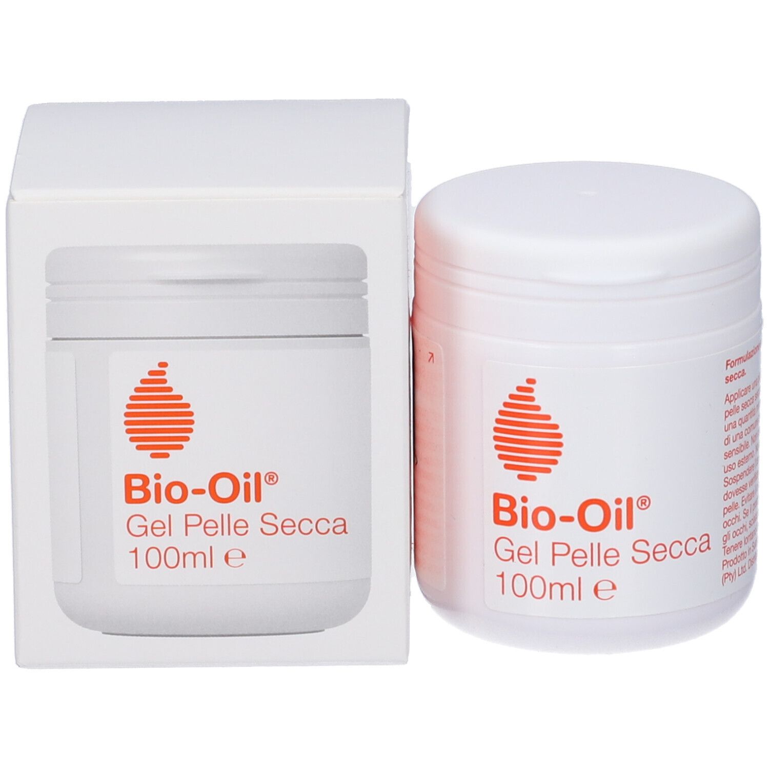 Pot blanc et boîte. Étiquette avec logo rouge et texte: Bio-Oil Gel Pelle Secca 100ml.