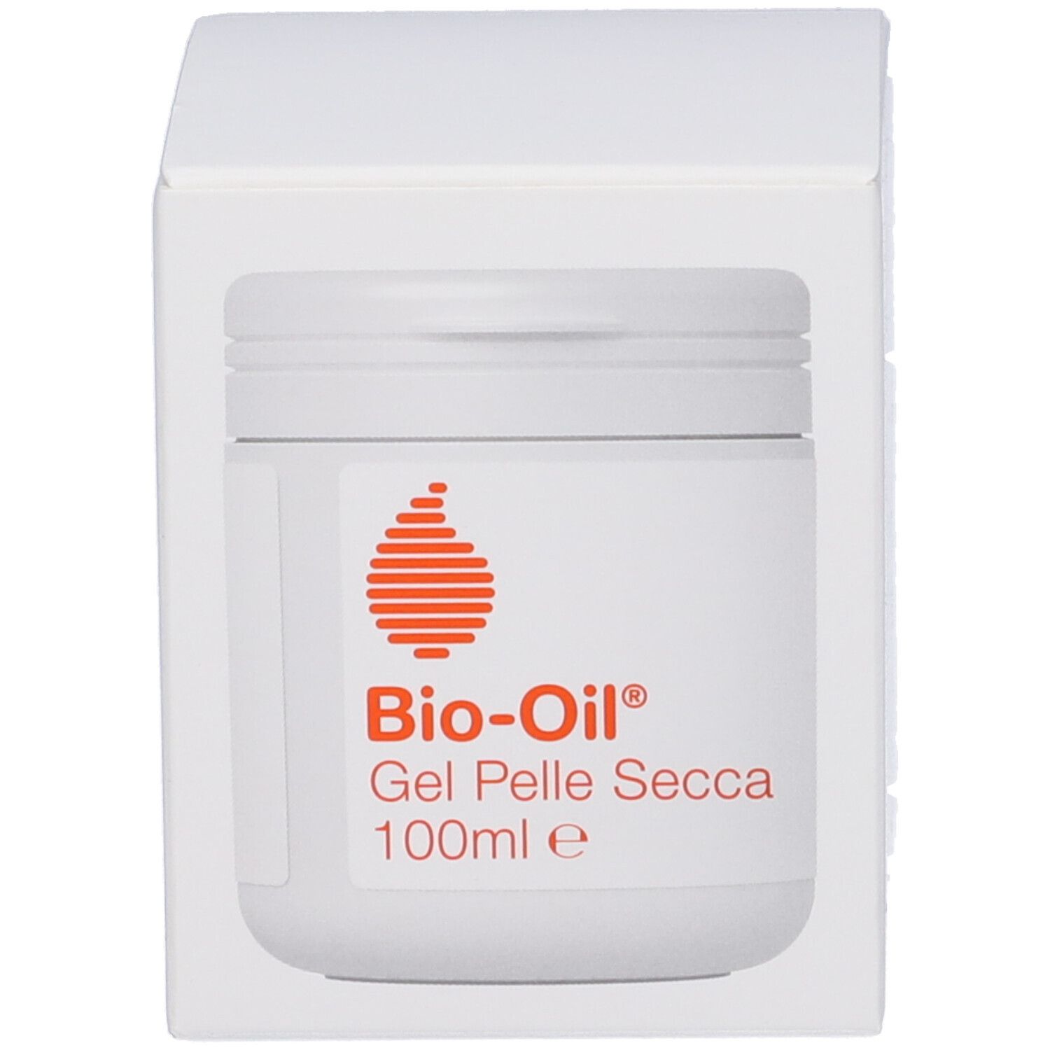 Boîte avec pot blanc. Étiquette avec logo rouge et texte: Bio-Oil Gel Pelle Secca 100ml.