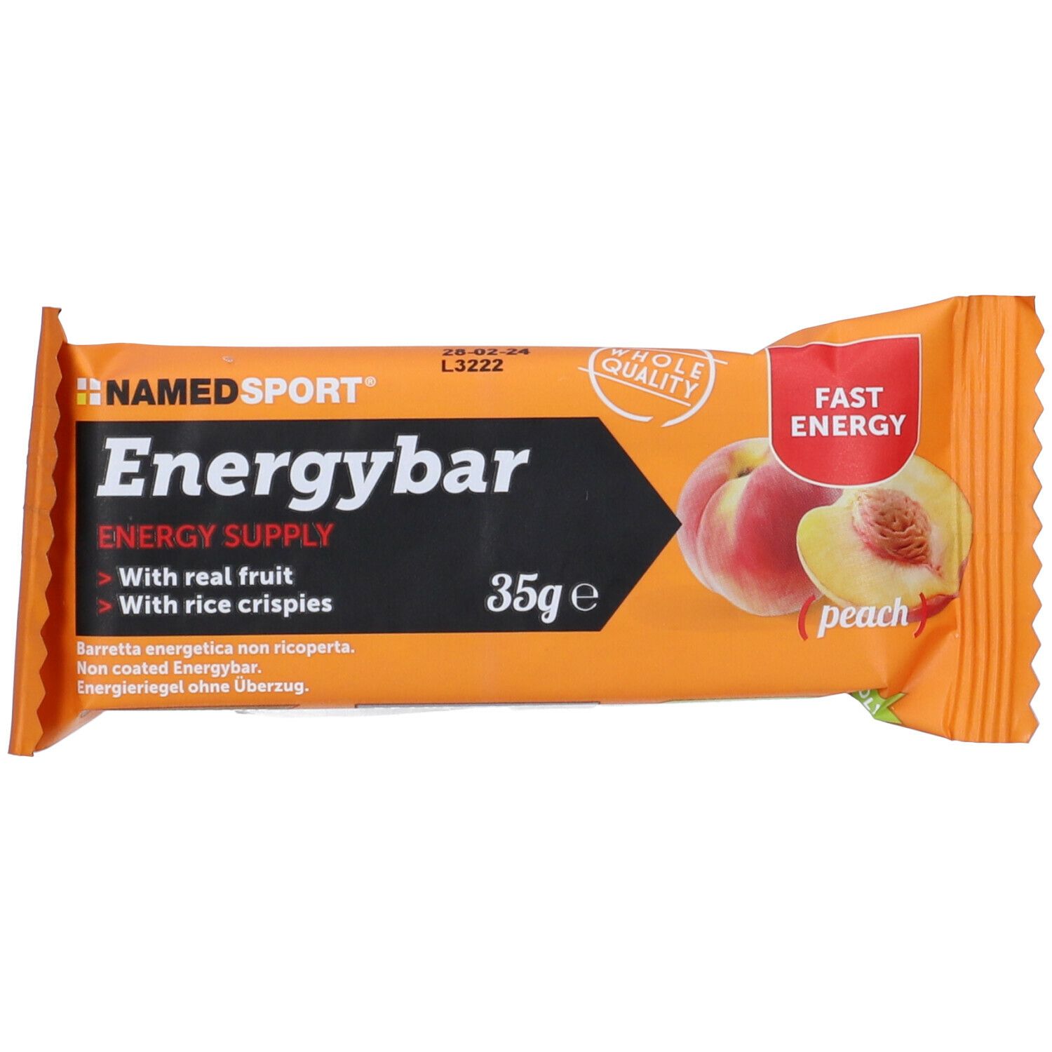 Barre énergétique saveur pêche. Emballage orange avec nom du produit et indication 35g. Illustration de pêches.